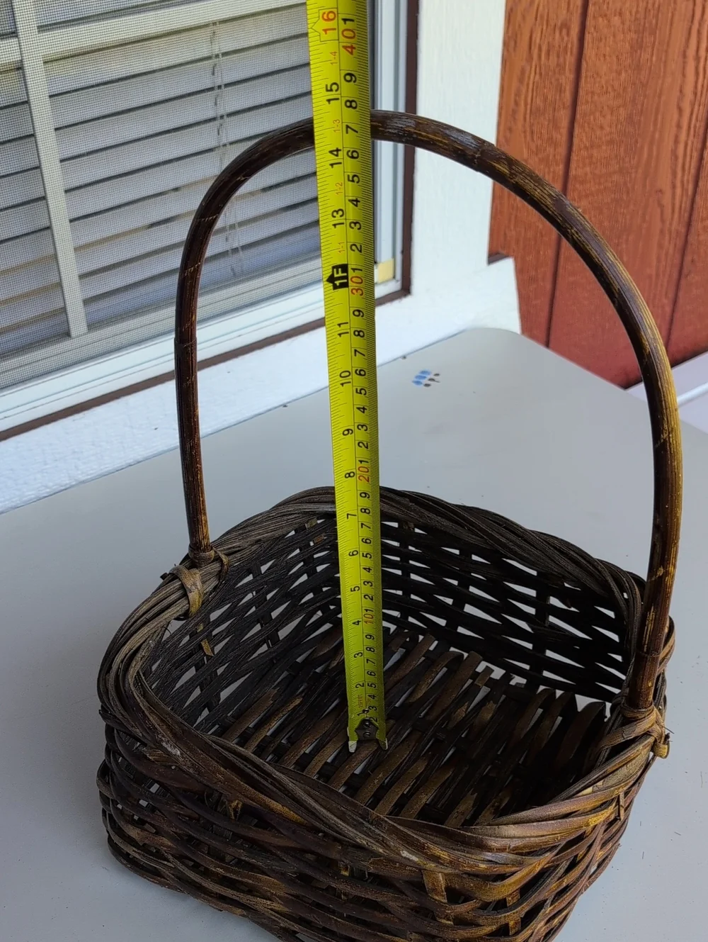 Rare! Vtg.Philippines Woven Bamboo  Square Willow Basket with Handle(226)